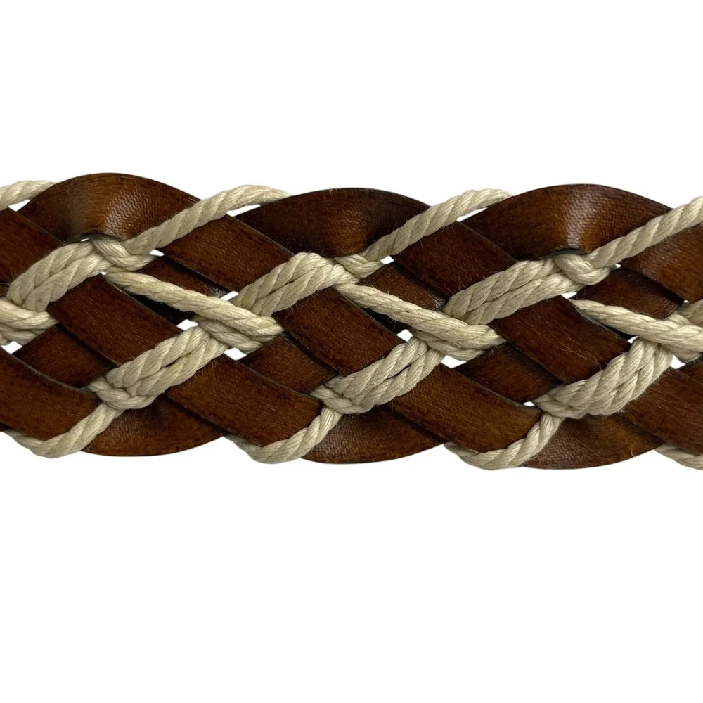 Womens Brown Braided Bonded Leather Cotton Cord Belt Bamboo Buckle Size XL